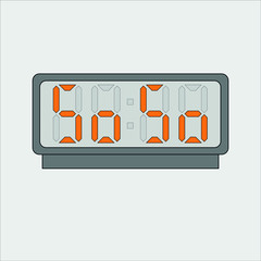 Vector image or picture of digital clock or alarm with orange letters showing text on the light grey background. Stylized words So So on digital or electronic device