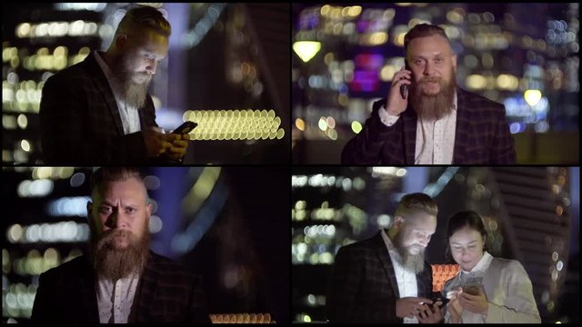 A collage of medium-sized images of a young man with a beard in a business suit, going out at night and typing on a tablet. Business meeting with a partner.
