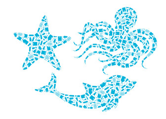 Plastic waste ocean environment problem concept vector illustration. Ocean animals outline set filled with plastic waste flat icons, isolated on white background. Underwater wildlife danger concept