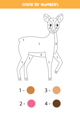 Coloring page with cute cartoon roe deer. Color by numbers.