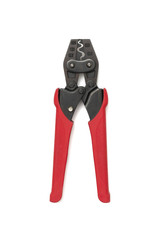 Crimping tool for an electrician on a white background. Press the pliers or pliers for the bushing...