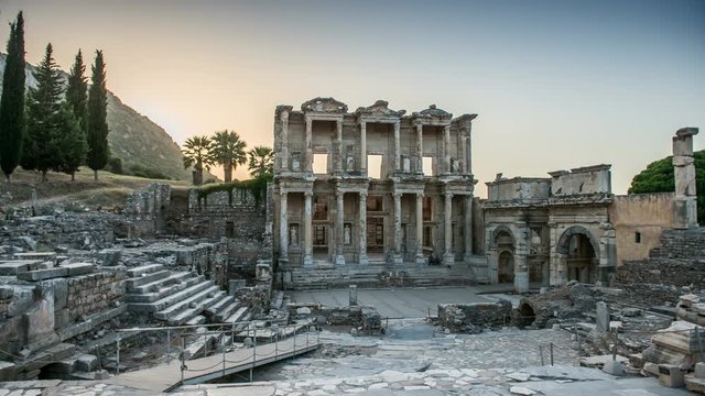Time lapse of Celsus Library in Ephesus (Efes). Ancient Greek city Izmir, Turkey.