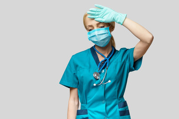 medical doctor nurse woman wearing protective mask and rubber or latex gloves - headache and stress