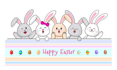 Obraz na płótnie Canvas Cute cartoon rabbits with Easter eggs. Happy Easter day concept. Cartoon character design, vector illustration.