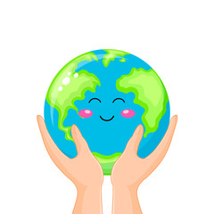 Cute cartoon globe characters with human hands. Save the earth concept. Vector illustration isolated on white background.