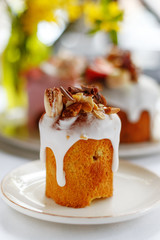 appetizing Easter cake decorated with nuts chocolate and fruit. Easter