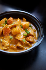 A view of a bowl of yellow curry.