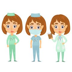 Set of vector illustrations with doctors. Doctor radiologist, surgeon, therapist. Female doctors in cute cartoon flat style.