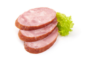 Pork ham sausage, isolated on white background