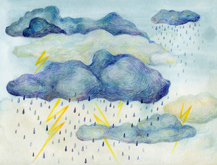 Colorful thunderstorm illustration. Weather original drawing. 