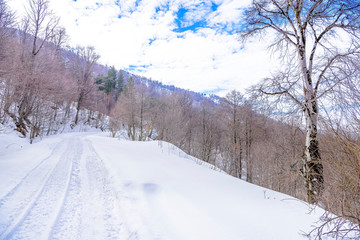 Beautiful snow-packed mountain road