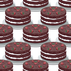Seamless pattern of sweet chocolate cake with strawberries on a white background. Vector image