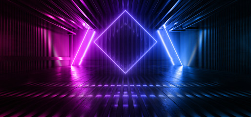 Neon Glowing Background Purple Blue Laser Striped Metal Reflective Structure Podium Stage Warehouse Room Hall Garage Dark Night Empty Shape 3D Rendering