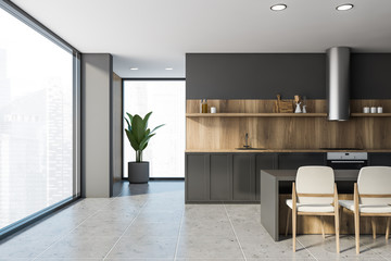 Gray and wooden panoramic kitchen with bar