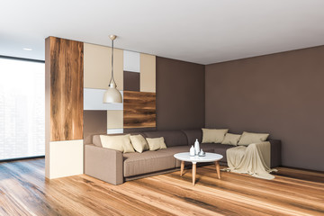 Gray living room corner with brown sofa