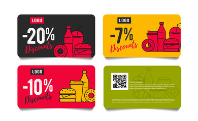 Trendy color discount card or voucher for fast food restaurant or delivery service, front and back template design with linear food and drinks combo menu
