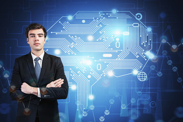 Confident businessman, AI brain hologram