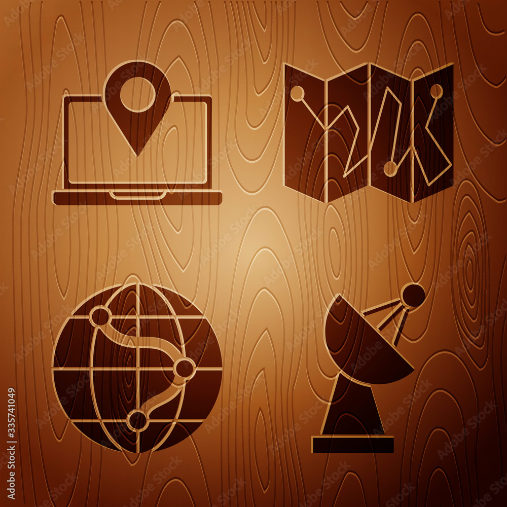 Poster set radar, laptop with location marker, location on the globe and folded map with location marker on