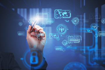 Woman hand works with business interface in office