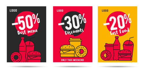 Discount posters set for fast food restaurant or delivery service, template design with linear food and drinks combo menus for snack and lunch