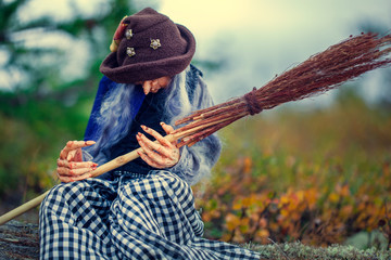Autumn in the forest, plastic doll, polymer clay, witch with a broom in the forest