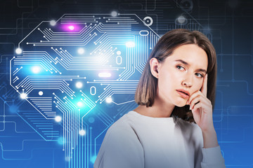 Pensive young woman, AI brain hologram