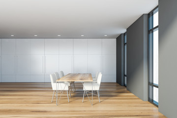 Gray and white dining room, side view