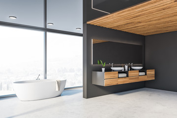 Fototapeta na wymiar Gray and wooden panoramic bathroom corner