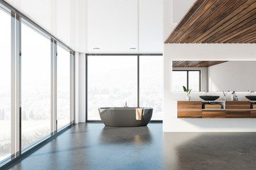 White and wooden panoramic bathroom, tub and sink