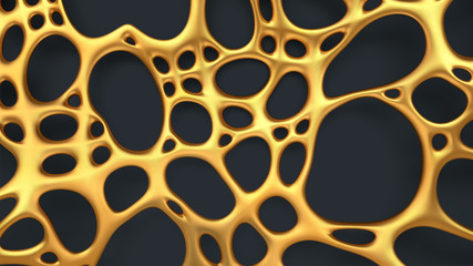 Luxury abstract gold background. Realistic golden organic irregular mesh with holes. Futuristic liquid gold pattern with shadow. Vector illustration, isolated on dark background