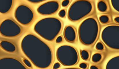 Luxury abstract gold background. Realistic golden organic irregular mesh with holes. Futuristic liquid gold pattern with shadow. Vector illustration, isolated on dark background