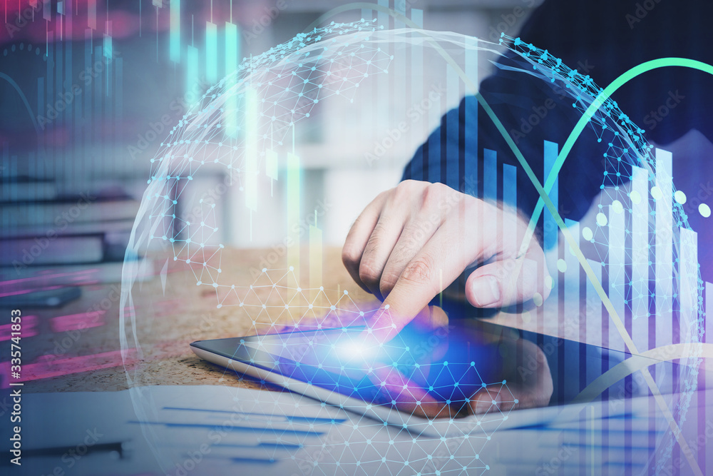 Poster man using tablet in office, digital graph