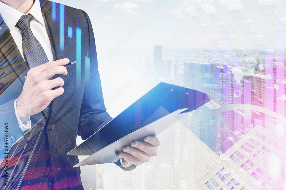 Poster man working with digital graphs in city