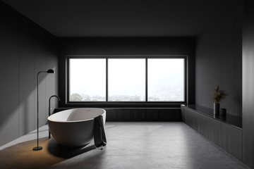 Fototapeta na wymiar Gray and wooden bathroom with tub and window