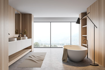 Fototapeta na wymiar Panoramic white and wooden bathroom interior