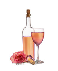 Glass and bottle of wine with rose flower on white background
