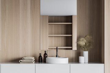 Fototapeta premium Round sink in wooden bathroom interior