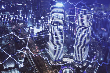 Financial chart on city scape with tall buildings background multi exposure. Analysis concept.