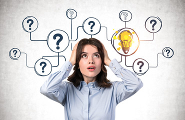 Shocked young woman looking for solution