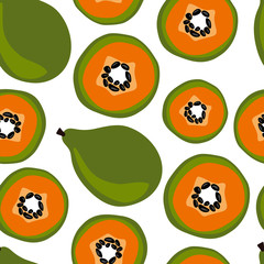 Seamless pattern with papaya. Ripe, orange and green papaya fruit. Summer background. Wallpaper, print, packaging, paper, textile design. flat Vector illustration.