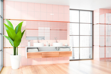 Pink tile bathroom corner with double sink