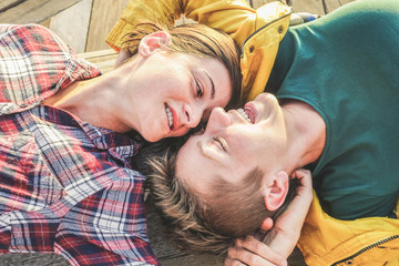 Happy gay couple having tender moments outdoor - Young women having a date - Equality right,...