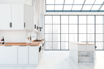 Panoramic white kitchen, countertops and bar