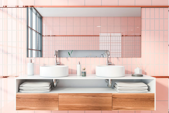 Double Sink In Pink Tile Bathroom