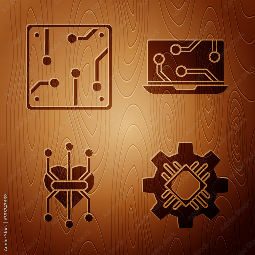 Poster set processor, processor, processor and laptop on wooden background. vector