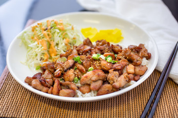 A view of a plate of teriyaki chicken, in a restaurant or kitchen setting.