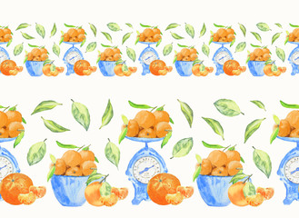 Hand drawn watercolor illustration - borders with tangerines in cups and scales. Perfect for decoration, scrapbooking and other designs