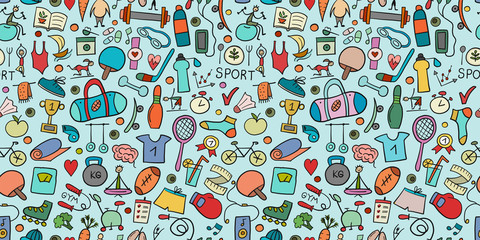 Healthy Lifestyle Background. Sport and activity. Fintess design elements. Seamless Pattern
