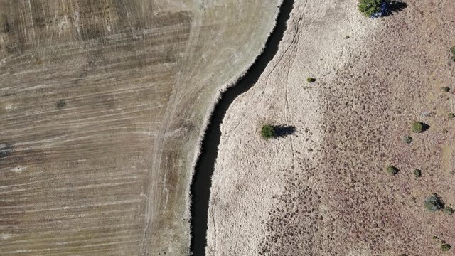 Vogelperspektive, Draufsicht auf den Buchinger Bach mit   Naturlandschaft rechts und Wiesenlandschaft links bis zur M&uuml;ndung in den Bannwaldsee mit Ablagerungen