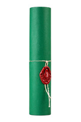 Stylish green certificate diploma tube, cylinder with a red wax seal, object isolated on white cut...